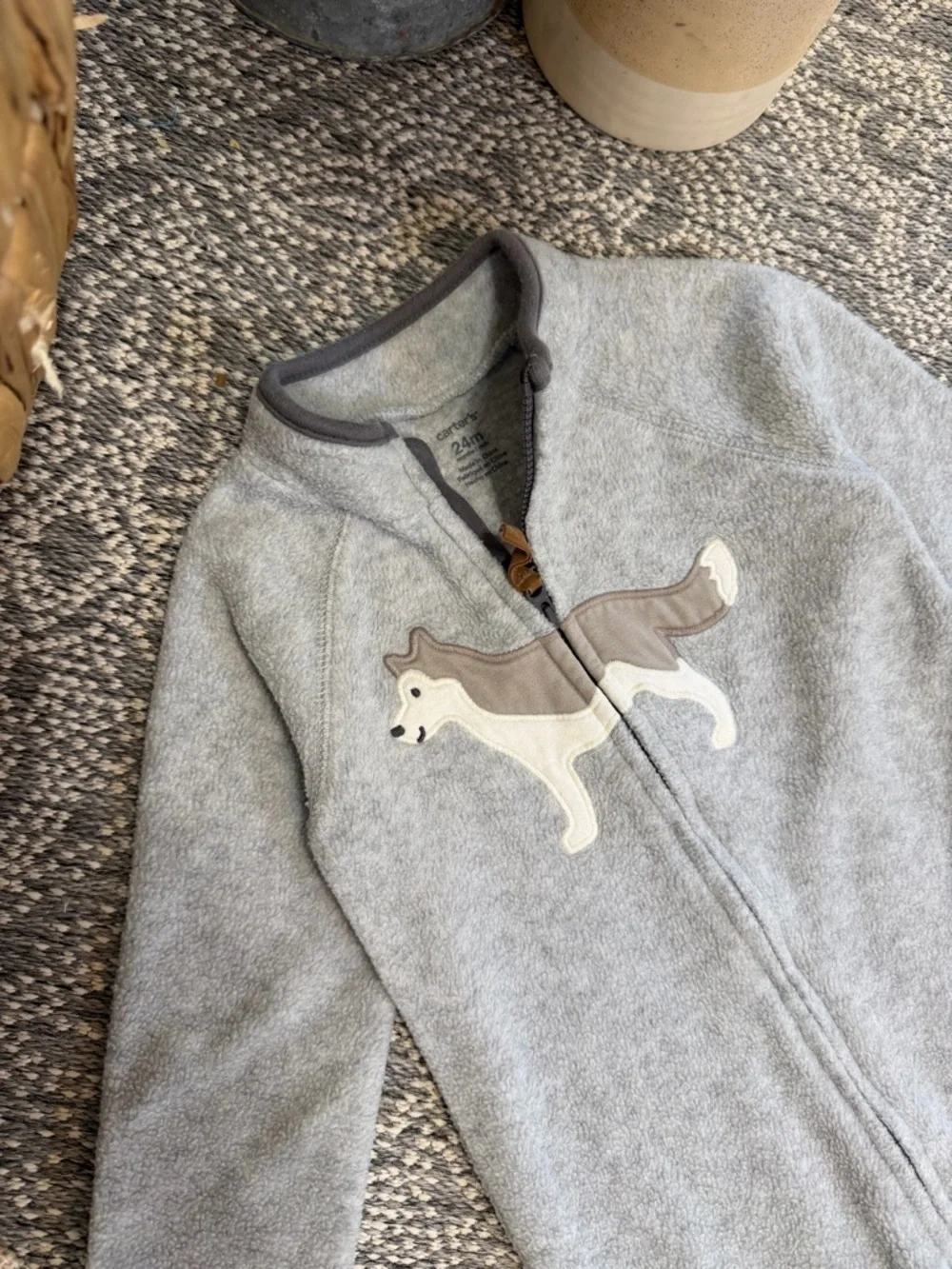 Carter's Boy Gray Husky/ Wolf Appliqué Zip Fleece Romper Long Sleeves 24 Months